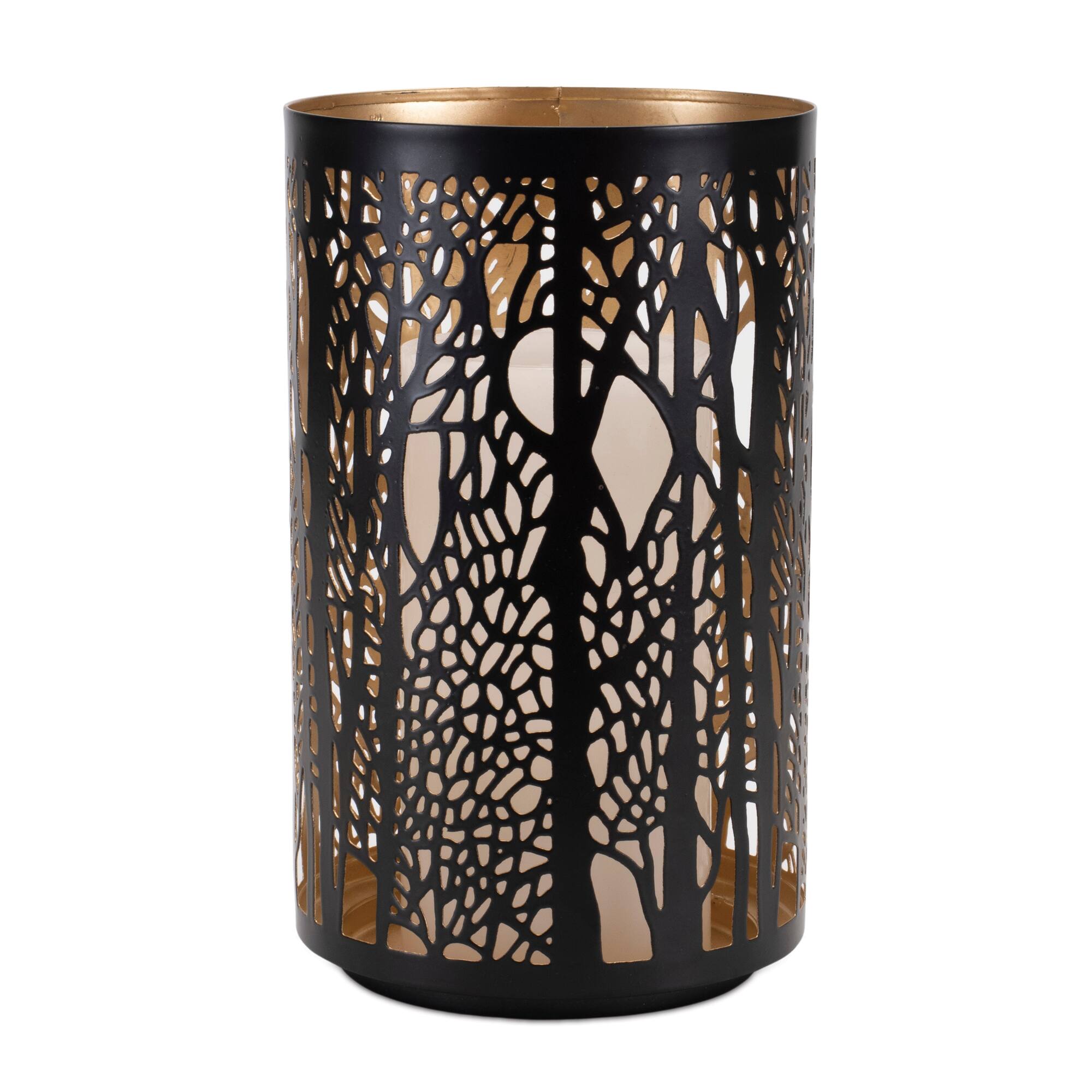 Black & Gold Forest Trees Punched Metal Candle Holder Set